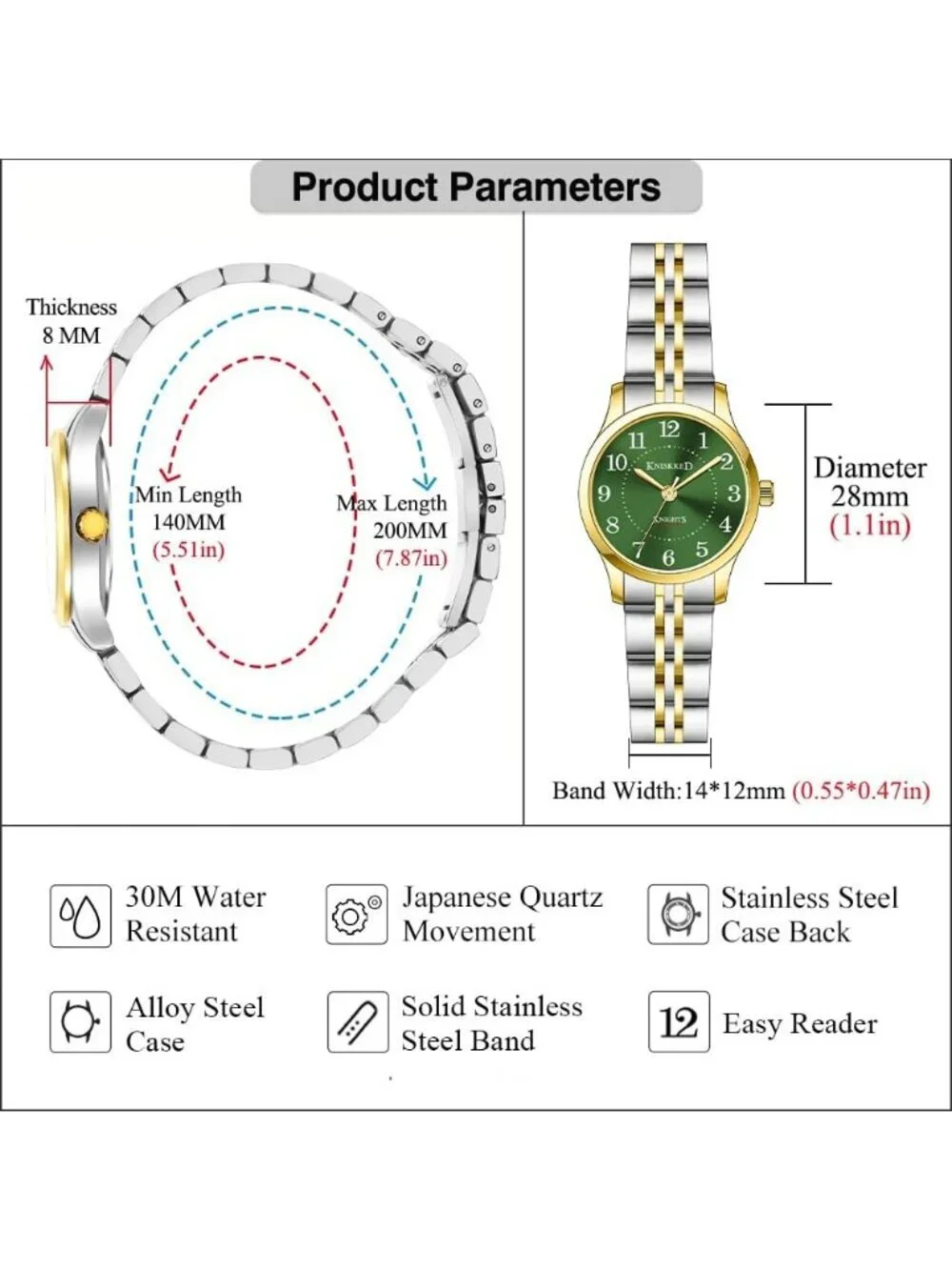 Women's Silver Green Solid Stainless Steel Band Easy to Read Dial Wrist Watch